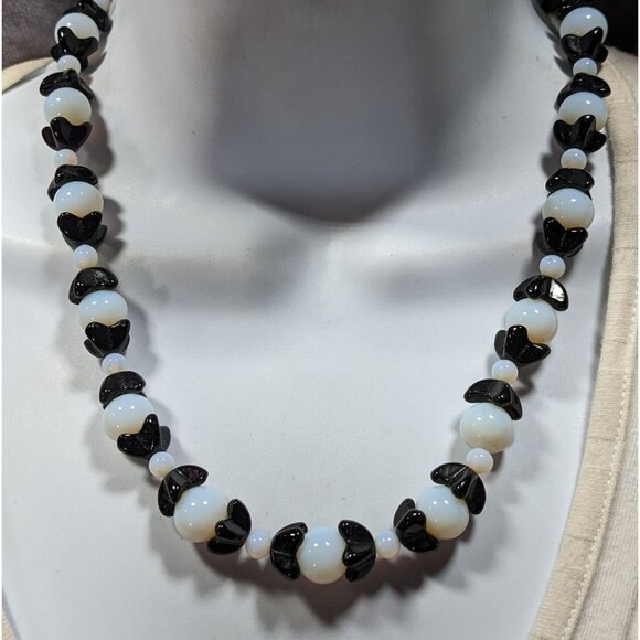 Handmade Whimsical Black And Moonstone Glass Beaded Necklace - Picture 4 of 5